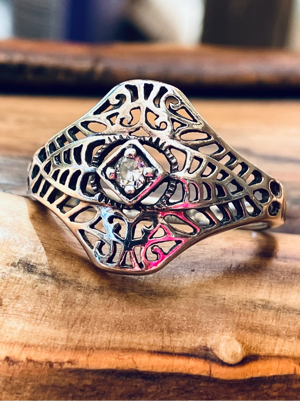 Vintage Avon Sterling Silver Open Work Filigree White Stone Ring Size 10